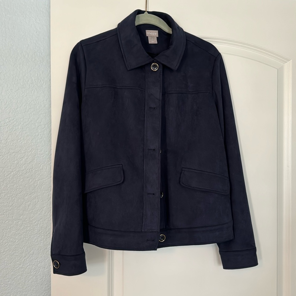 Beautiful Chicos Navy, faux suede jacket size one